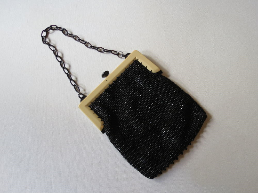 Antique Black Beaded and Needlepoint Evening Purse, Vintage 1950s Beaded  Bag with Tapestry