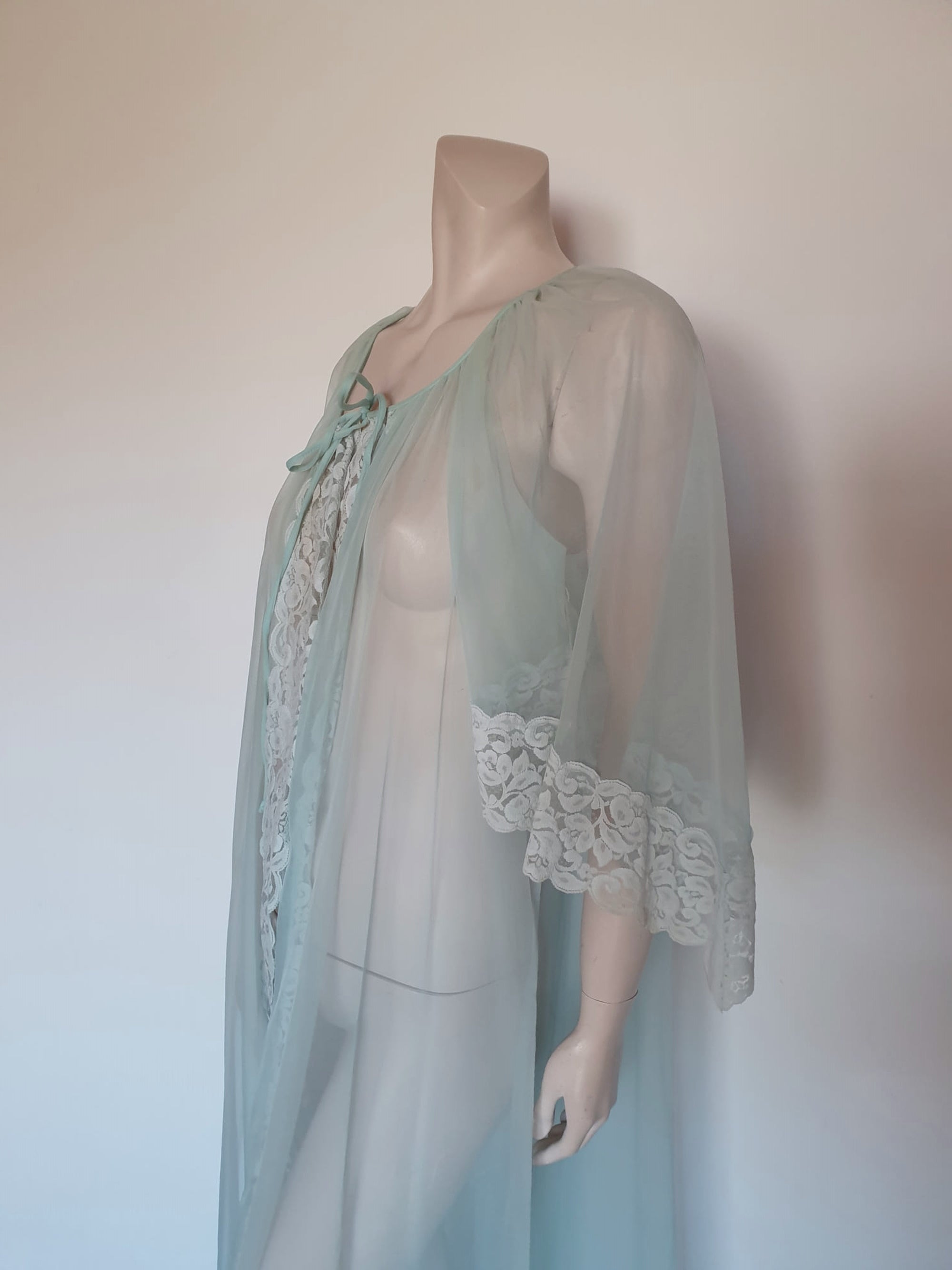 vintage sheer blue peignoir with V sleeves and white lace by JC Penney Large