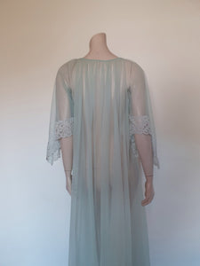vintage sheer blue peignoir with V sleeves and white lace by JC Penney Large