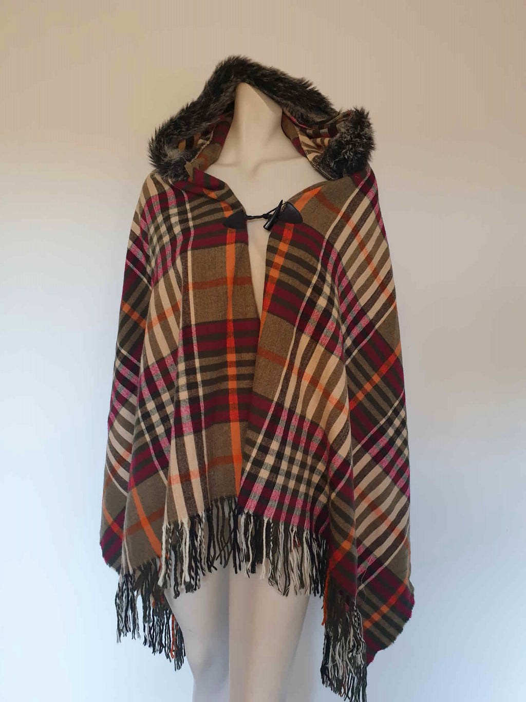 vintage plaid fringed poncho with faux fur trimmed hood
