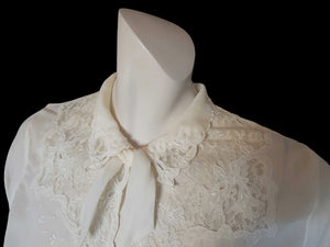 1940s vintage ivory silk georgette blouse with lace insertion and applique medium