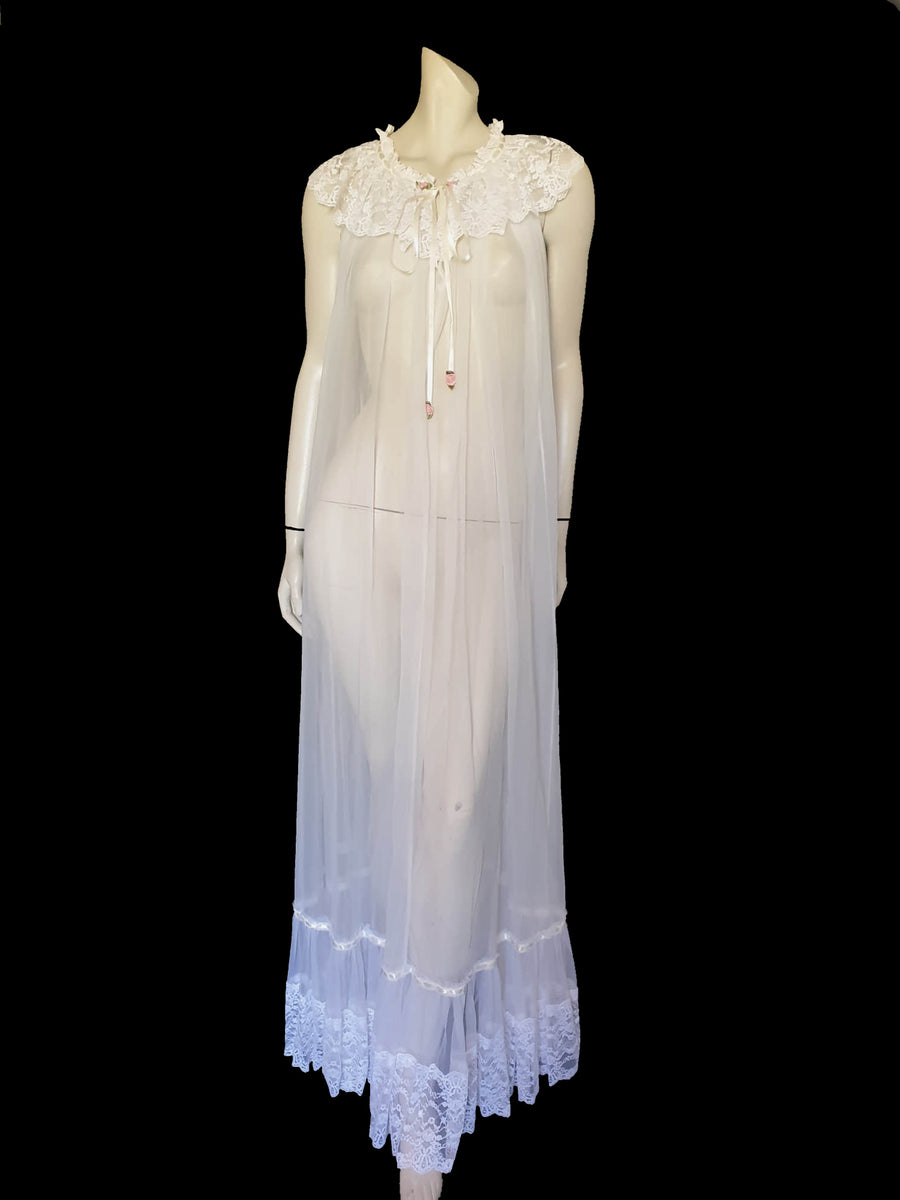 Sheer White Bridal Negligee Nightgown With Lace Ruffle - M – Louisa Amelia  Jane Vintage