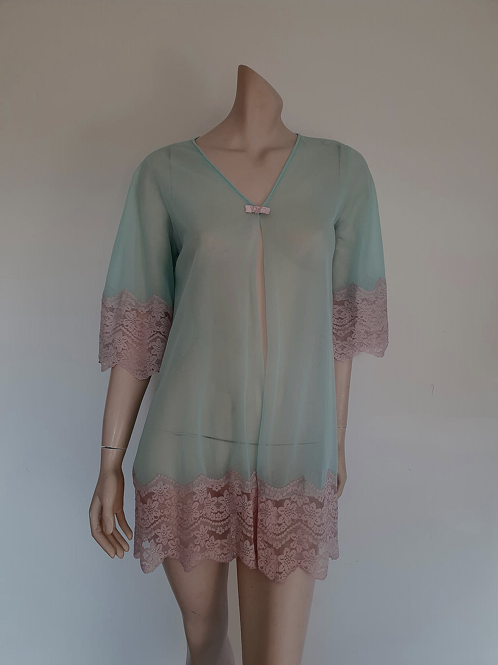 vintage 1960s short aqua mini robe sheer and lacy - Medium
