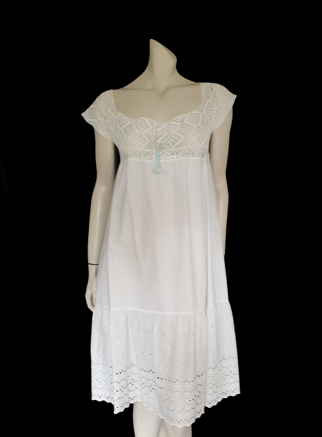 Antique 1920s white petticoat dress with crochet top or yoke and broderie anglaise eyelet ruffle Small