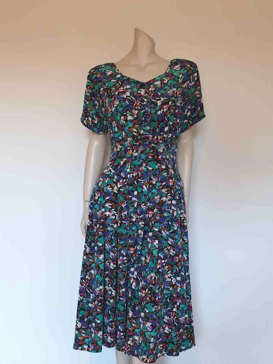 Vintage Black Floral 1980s Dress M