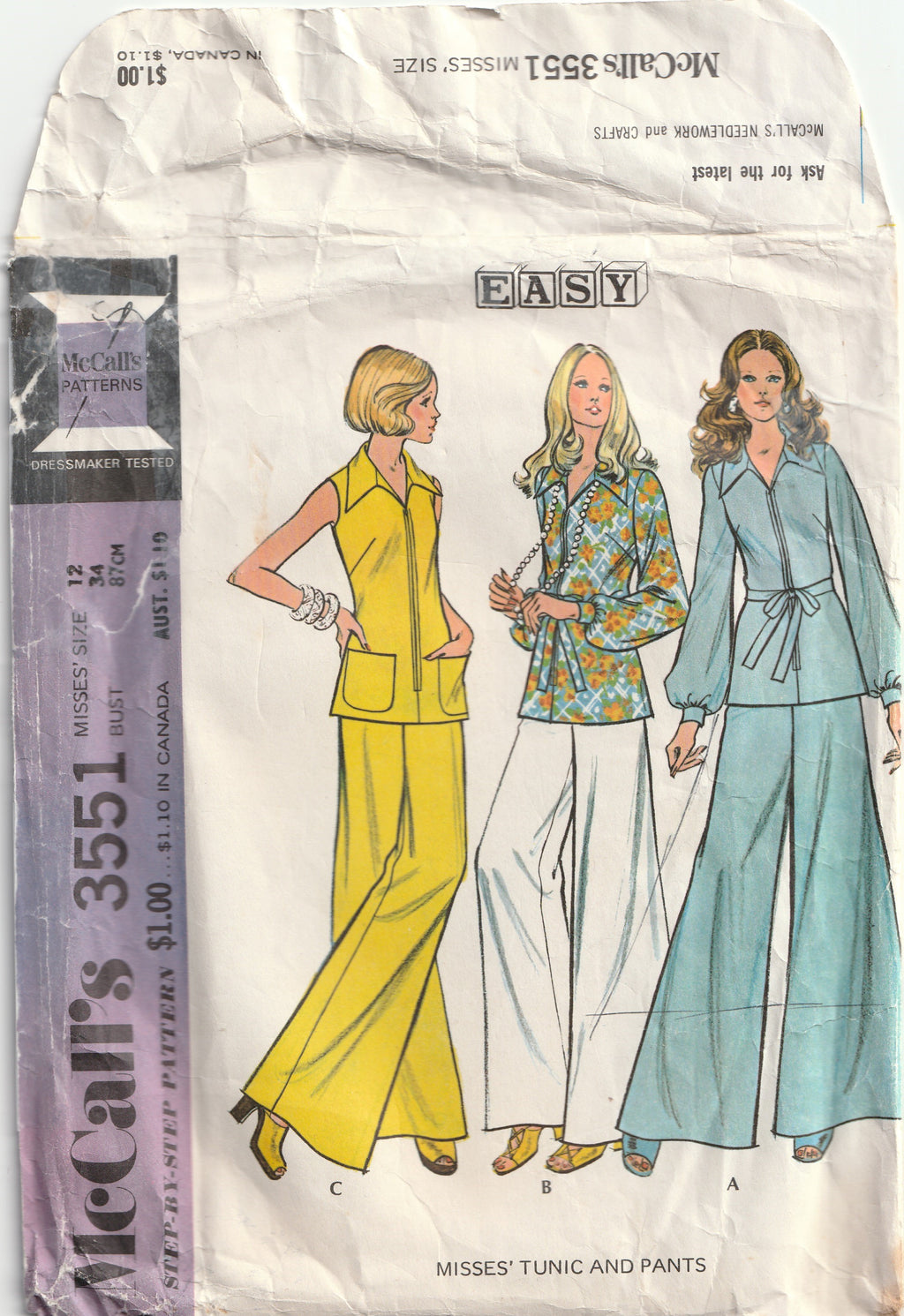 1970s vintage sewing pattern bell bottoms and tunic top mccall's 3551 1973