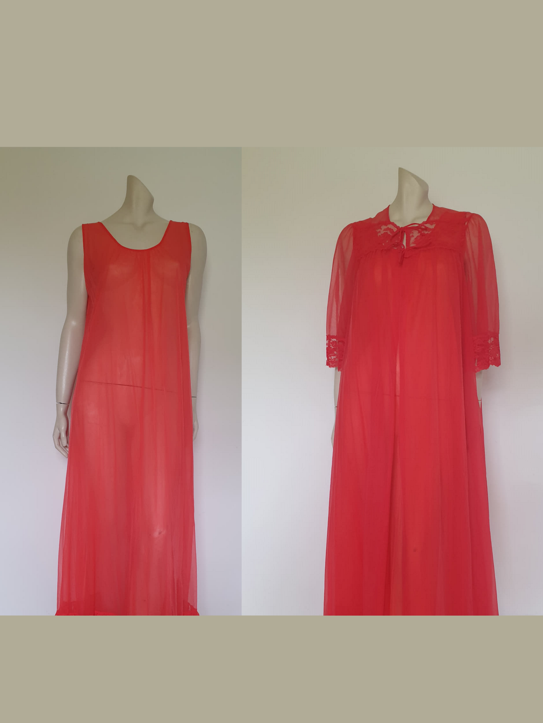 1960s Sheer Red Peignoir and Nightgown Set - M