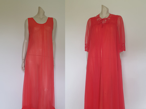 1960s vintage sheer red nightgown and peignoir negligee set Medium