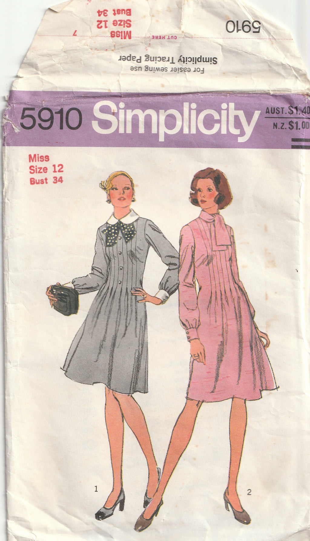 1970s vintage pattern dress with front tucks simplicity 5910 1973 bust 87 cm