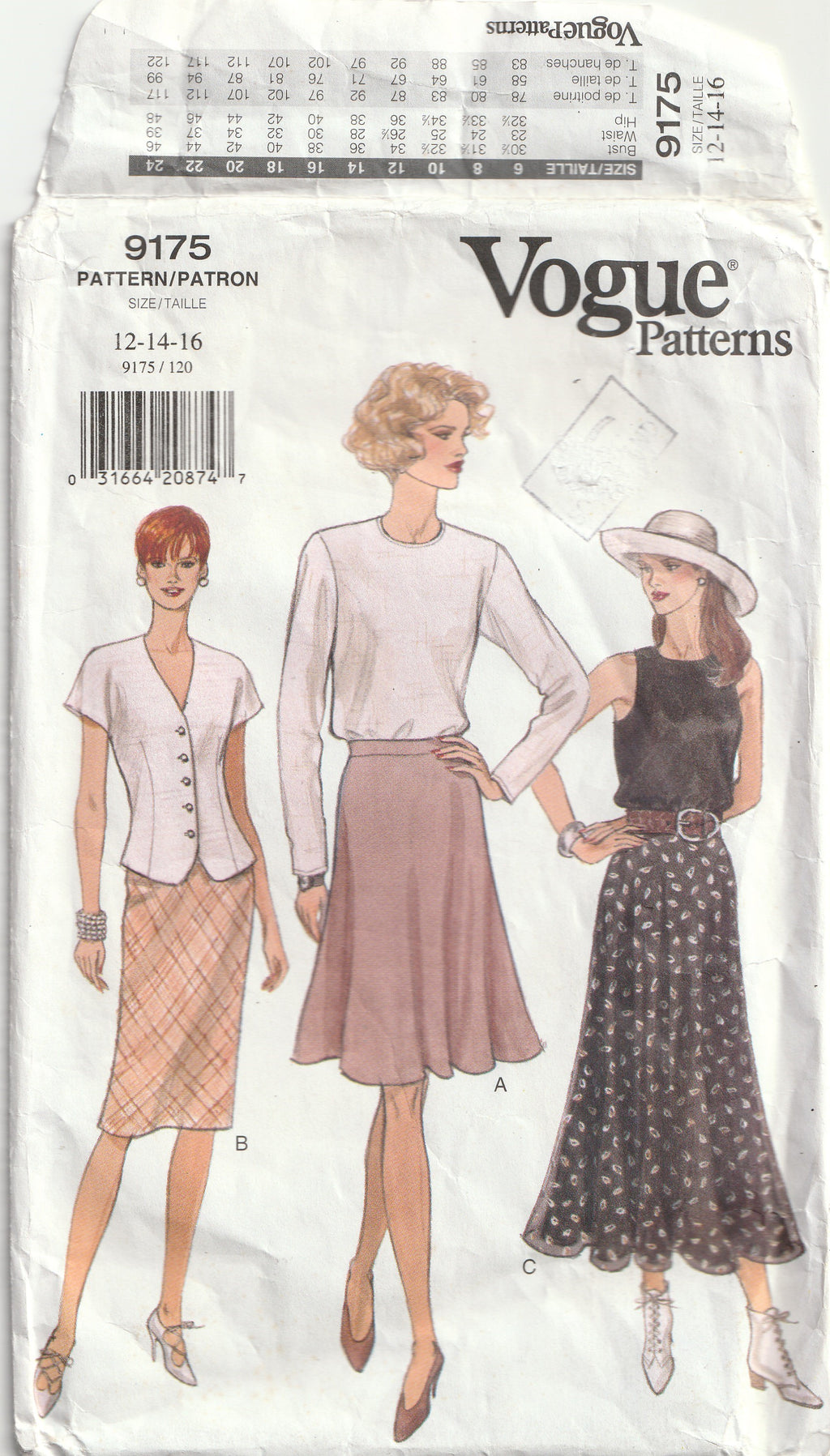 vintage sewing pattern vogue 9175 flared or straight skirt 1995 Medium