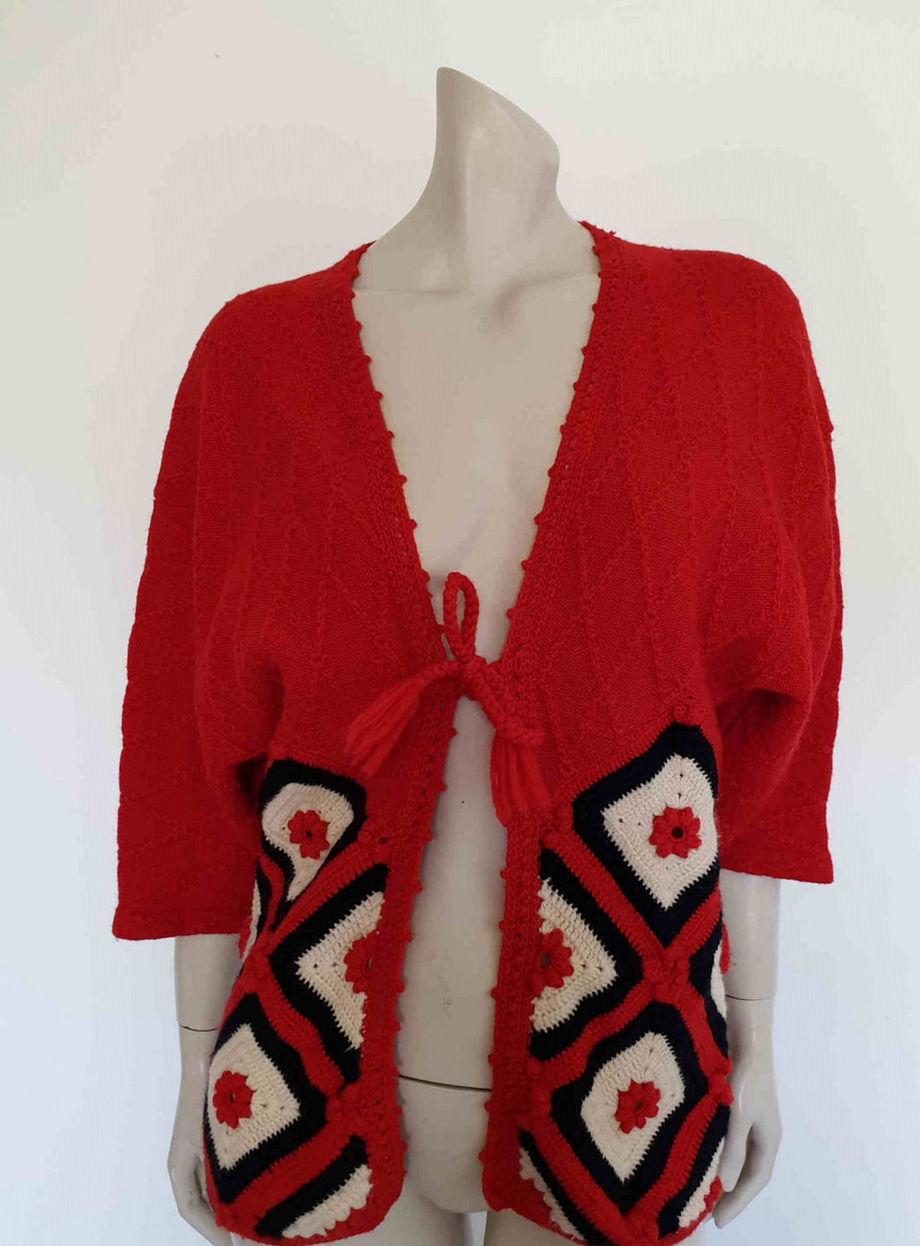 1970s vintage red wool knit cardigan jacket with granny squares