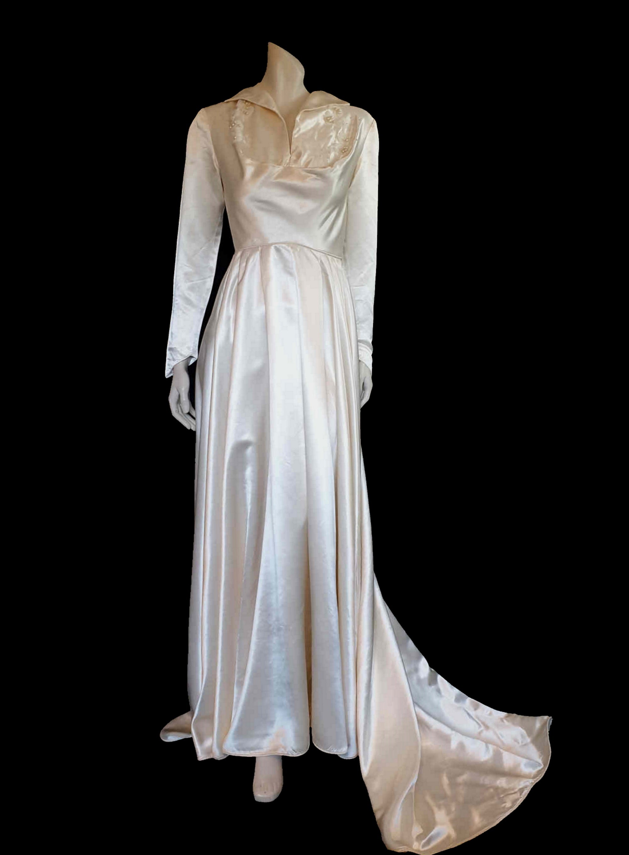 1950s satin wedding gown with train and beading
