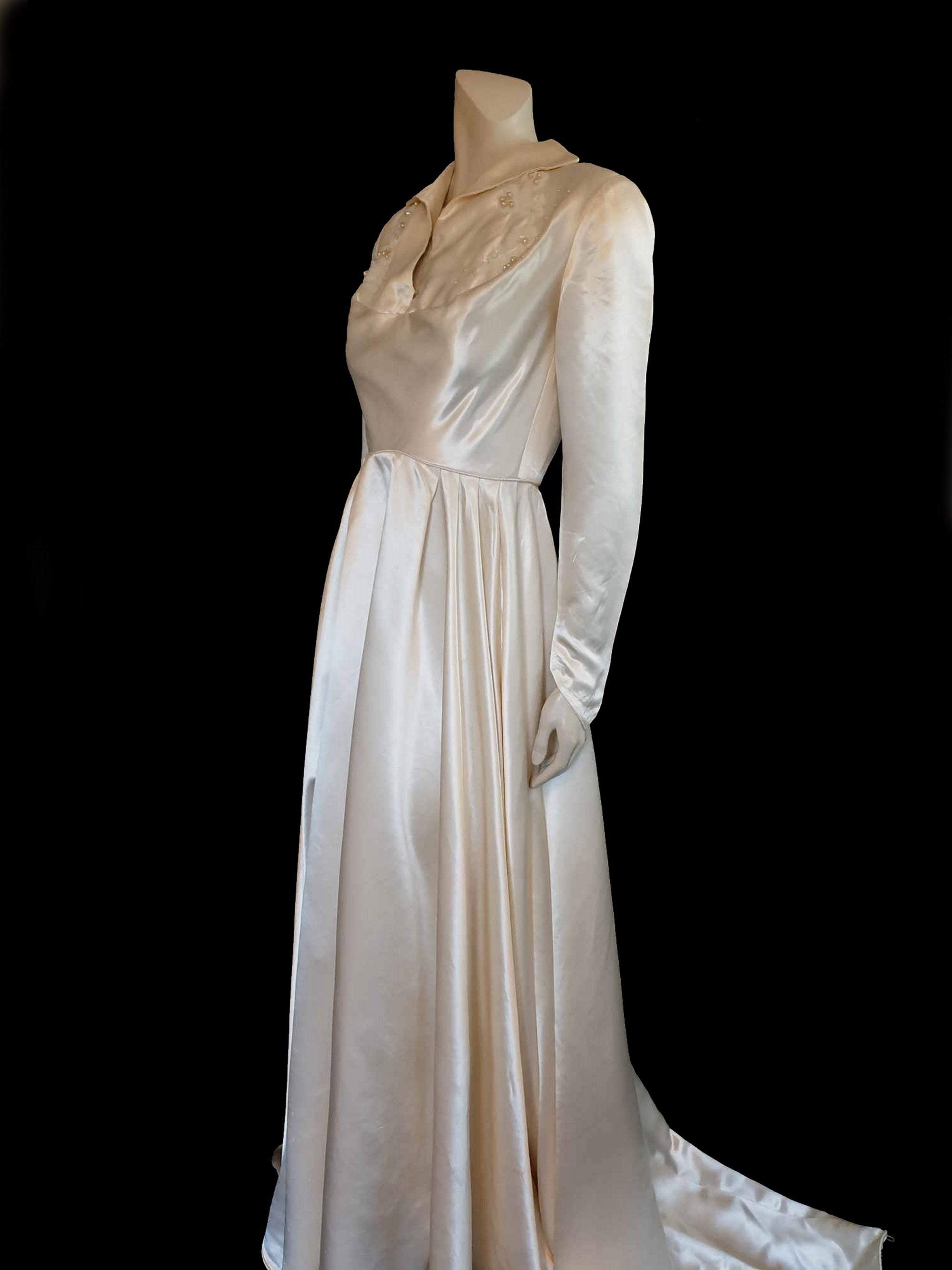 1950s satin wedding gown with train and beading
