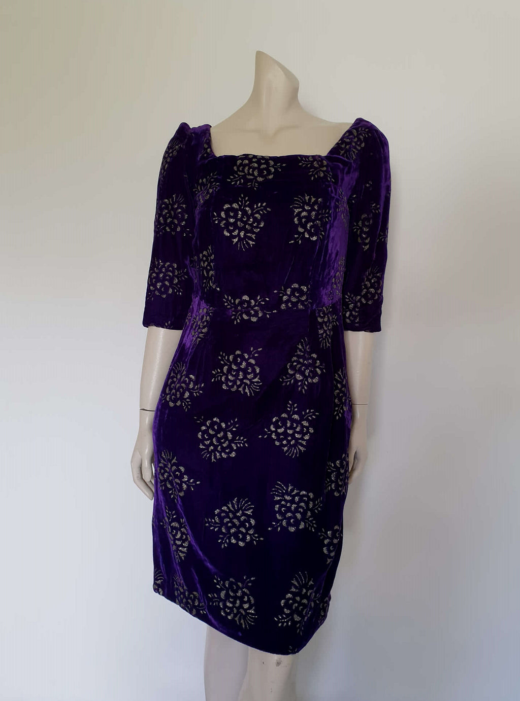 1960s purple velvet and silver glitter dress with half sleeves medium