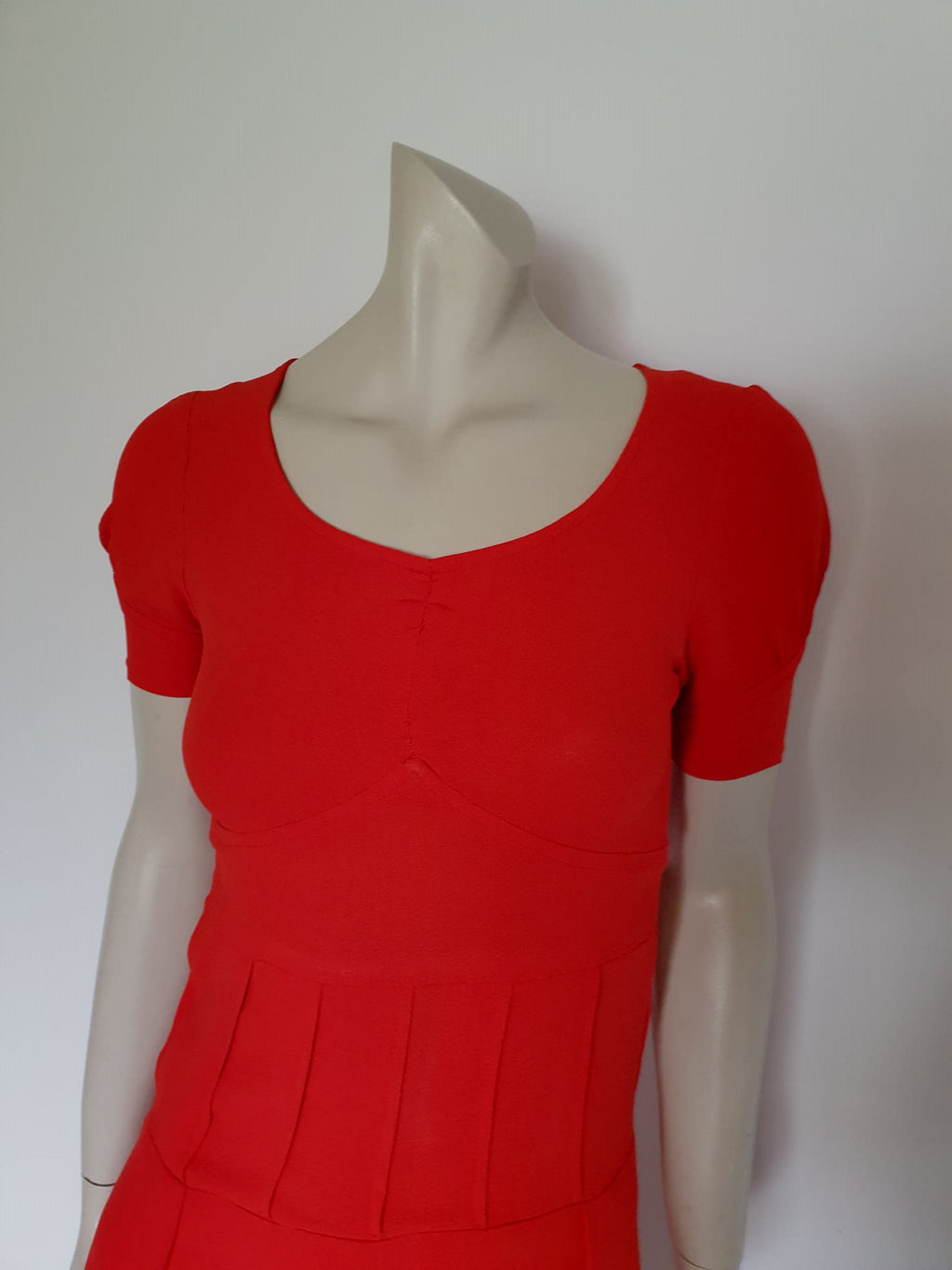 late 1960s vintage red crepe dress with puff sleeves