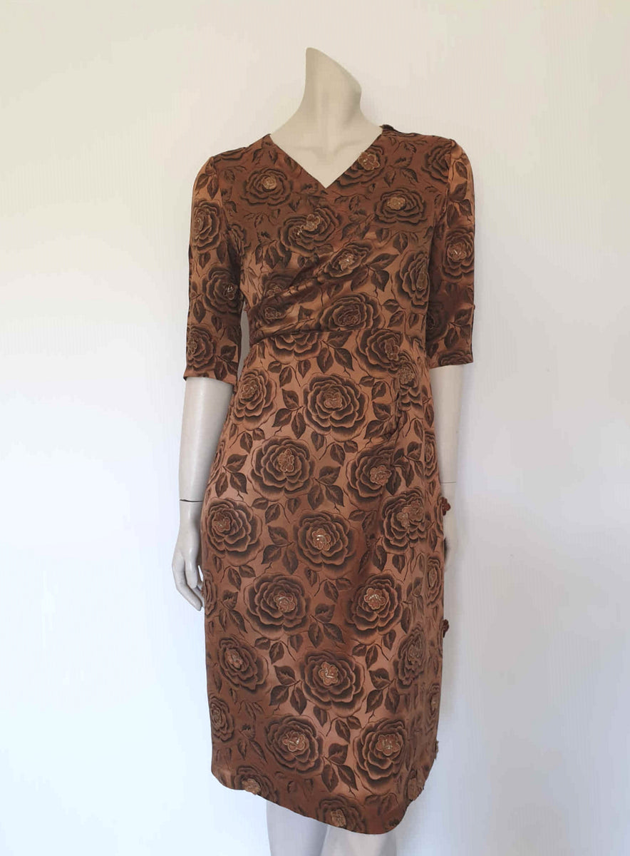 1940s Brown Daisy Applique Dress | XS/S