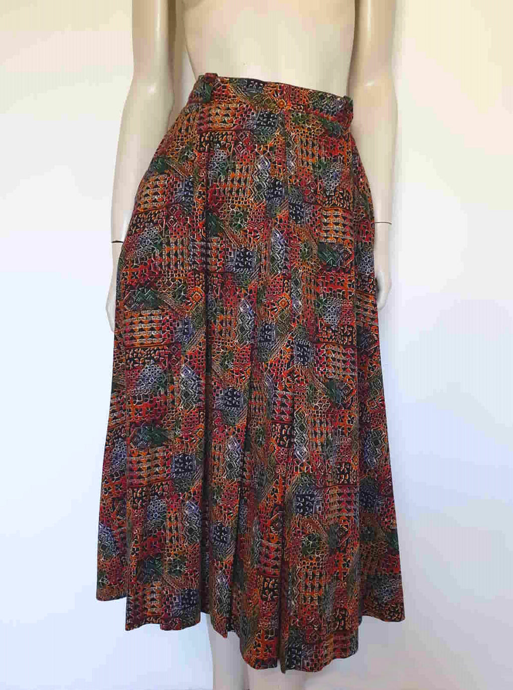 1970s vintage pleated aztec print autumn tone skirt medium