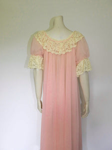 1960s vintage pink nylon peignoir negligee with puff sleeves and cream lace