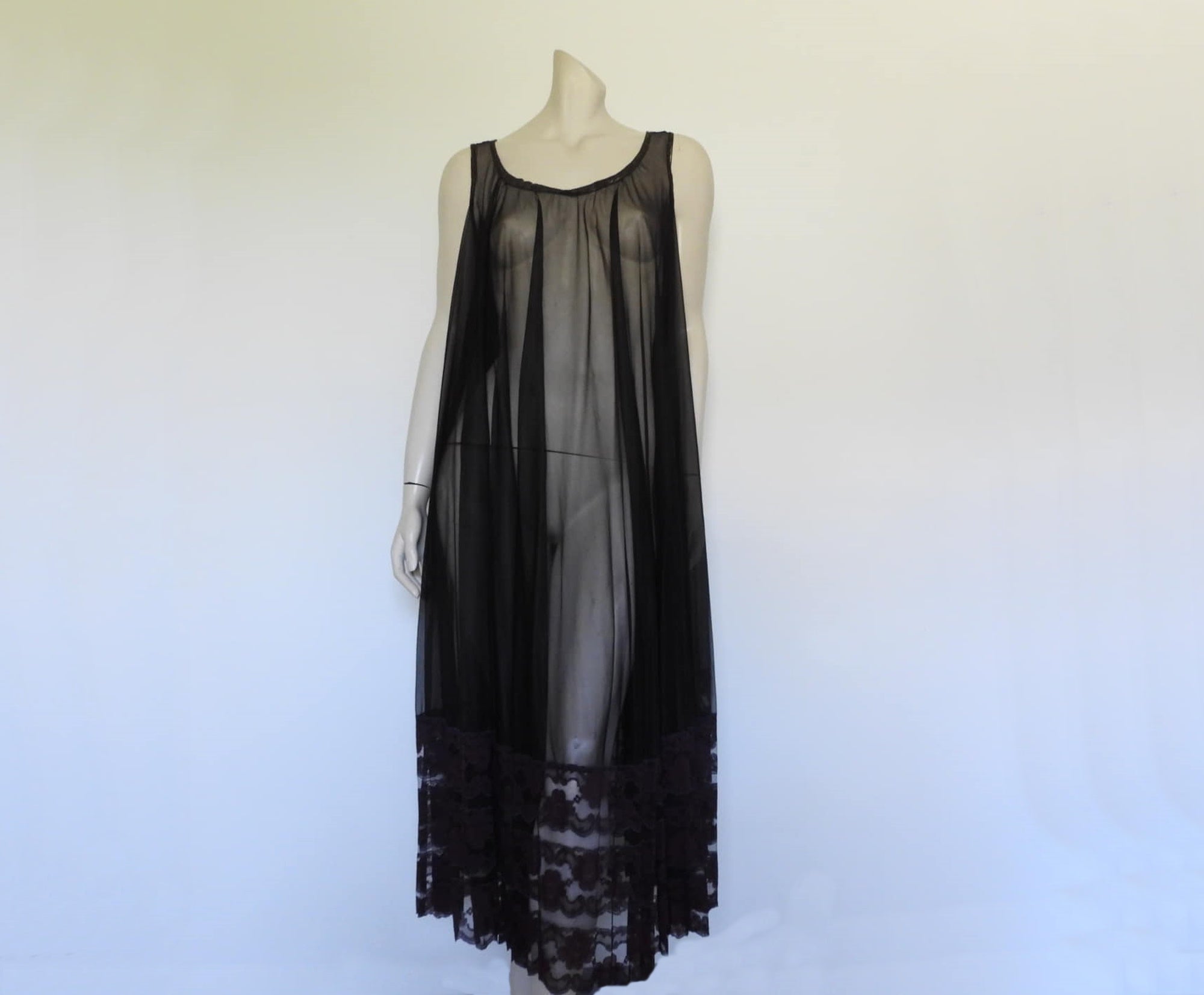 1960s Sheer Black Lacy Negligee Nightgown