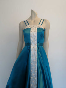 vintage teal green satin ballroom dancing dress with silver and pearl trim