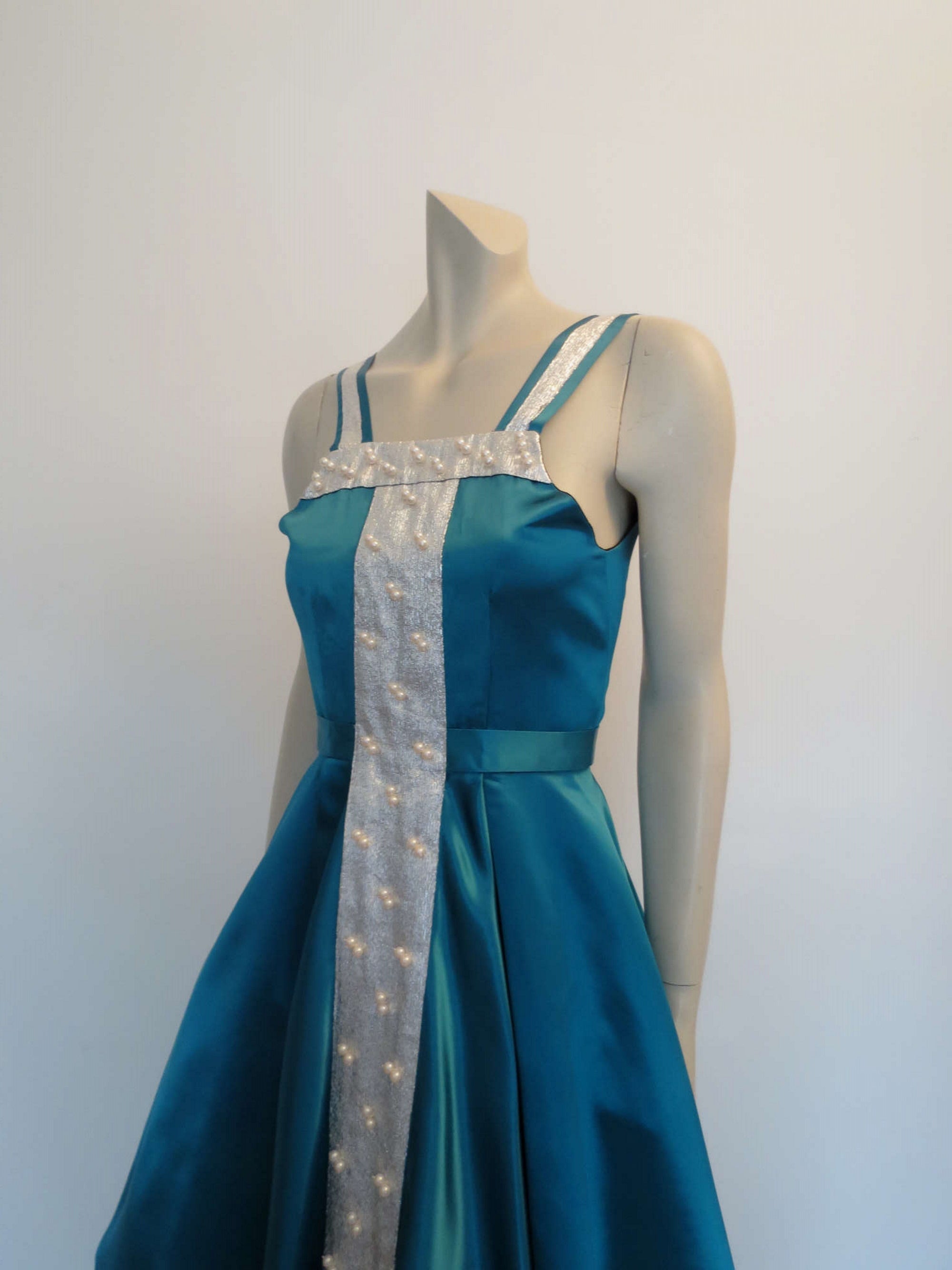vintage teal green satin ballroom dancing dress with silver and pearl trim