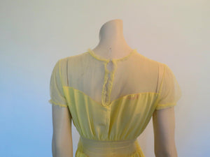 1940s vintage yellow nightgown with mesh yoke and midriff