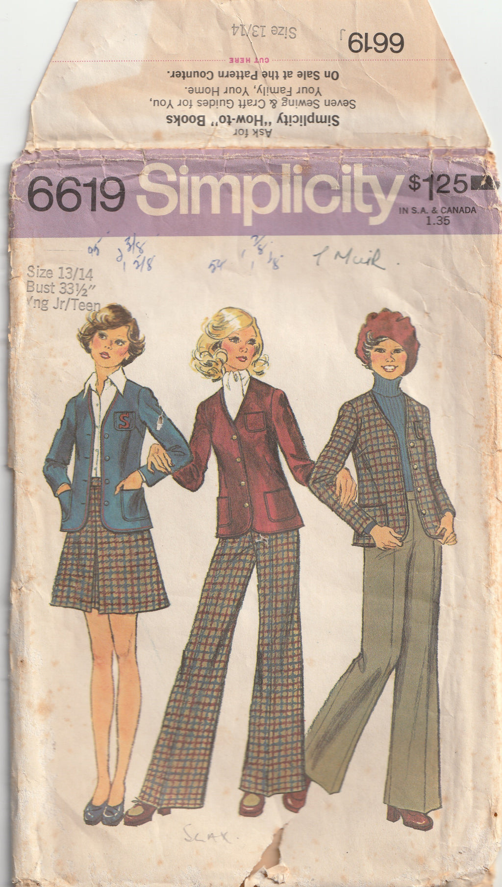 1970s vintage pattern flared pants jacket skirt simplicity 6619 1974