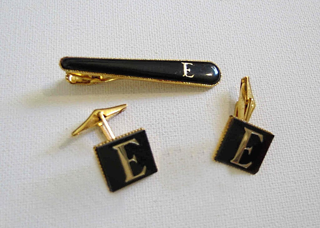 vintage E monogram cuff links and tie bar set