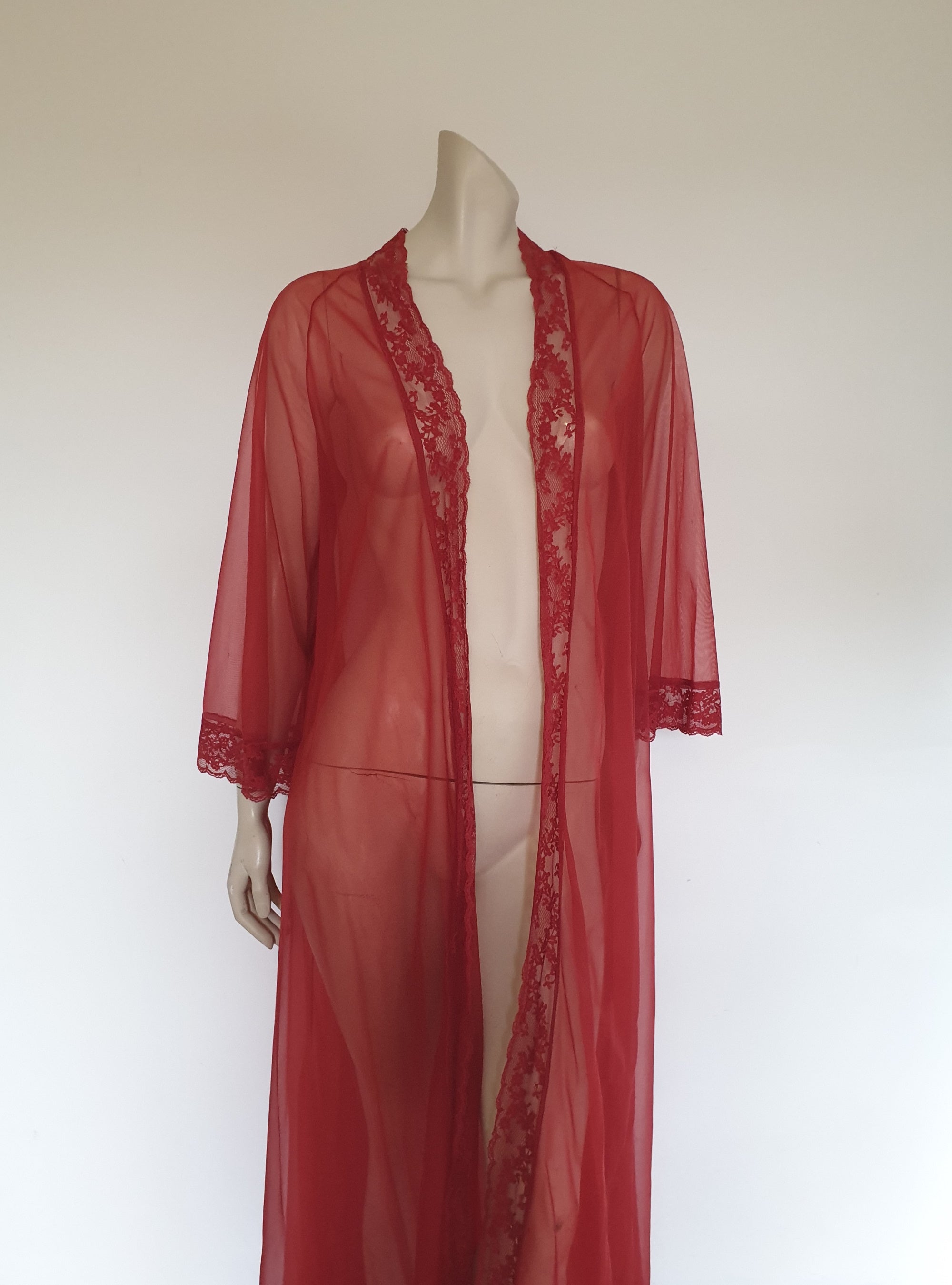 vintage sheer dark red peignoir robe with flared sleeves and wide lace trim
