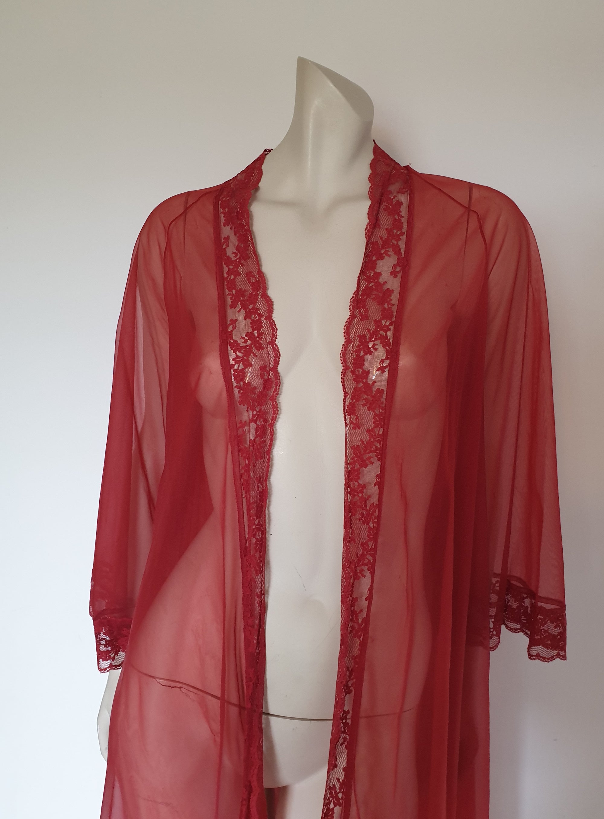 Sheer Dark Red Peignoir, Robe, with Flared Sleeves – Louisa Amelia Jane ...