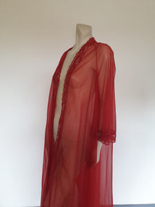 vintage sheer dark red peignoir robe with flared sleeves and wide lace trim