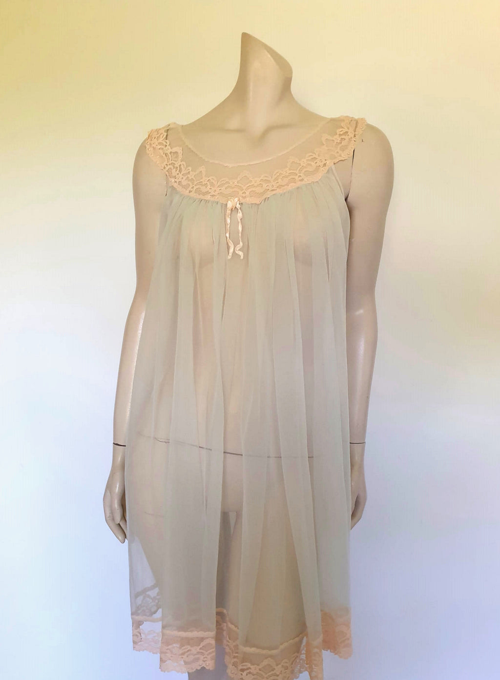 1960s vintage sheer ice blue nightgown with ecru lace