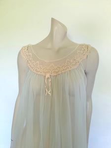 1960s vintage sheer ice blue nightgown with ecru lace