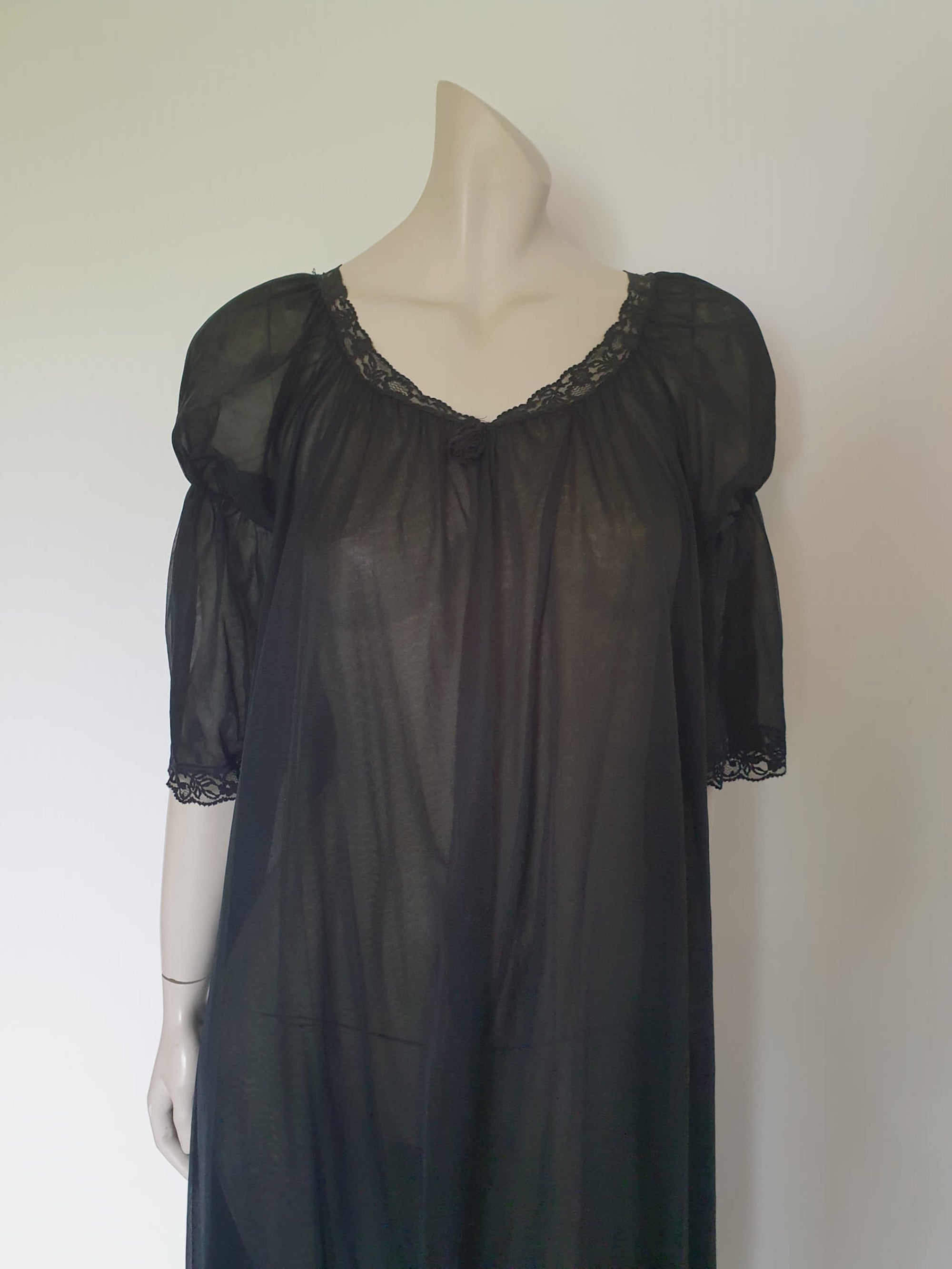 vintage 1960s 1970s sheer long black peignoir or robe with fancy sleeves medium