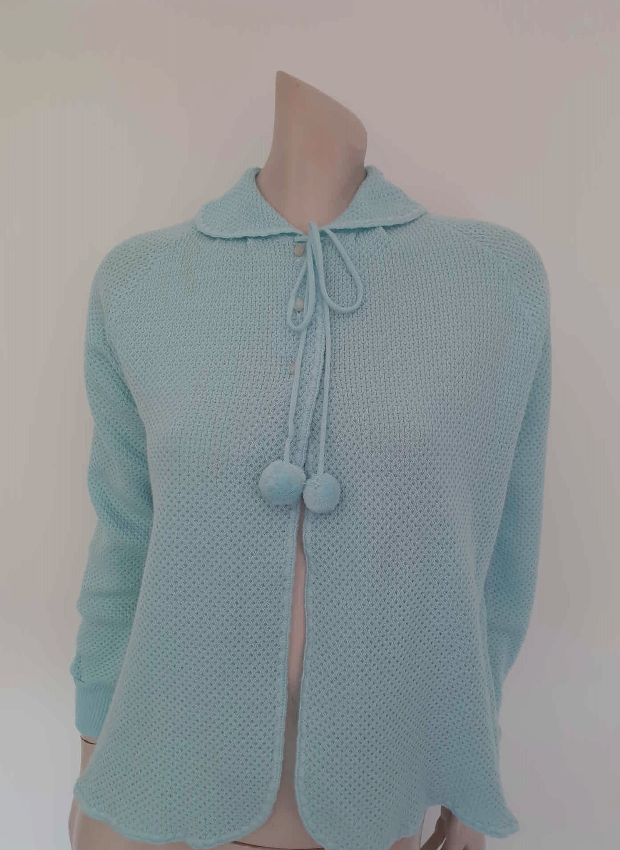 vintage blue knit bed jacket with pompoms by bettina knits medium