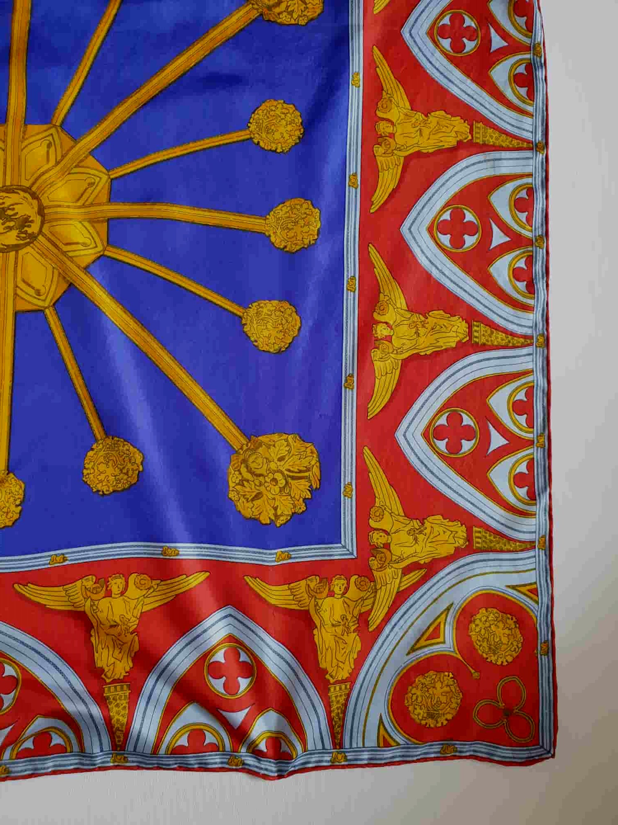 vintage red blue yellow silk scarf with angels and arches