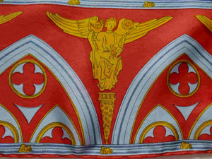 vintage red blue yellow silk scarf with angels and arches