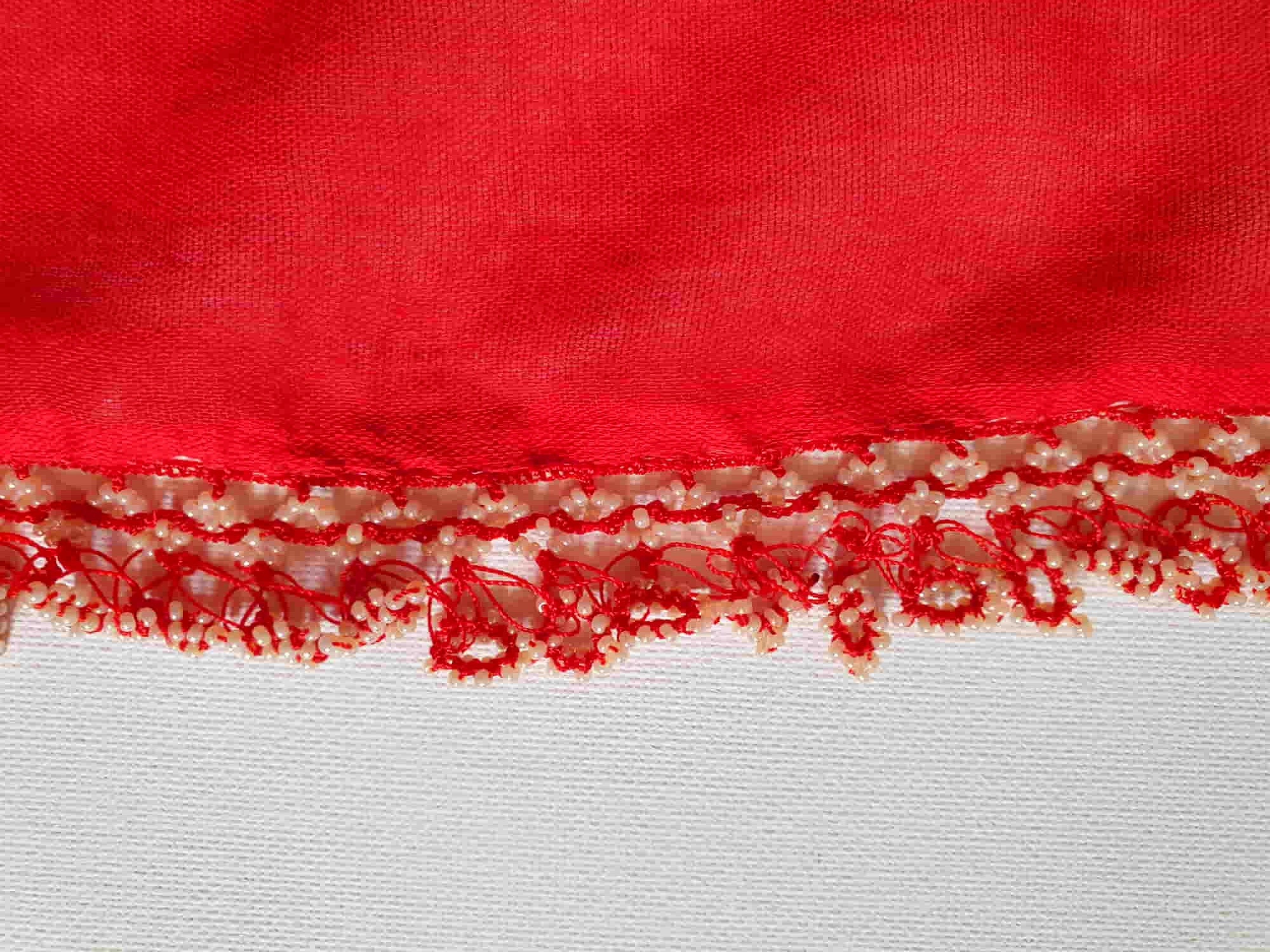 vintage square red scarf with pearl bead fringe