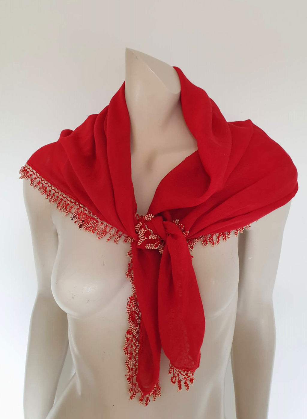 vintage square red scarf with pearl bead fringe