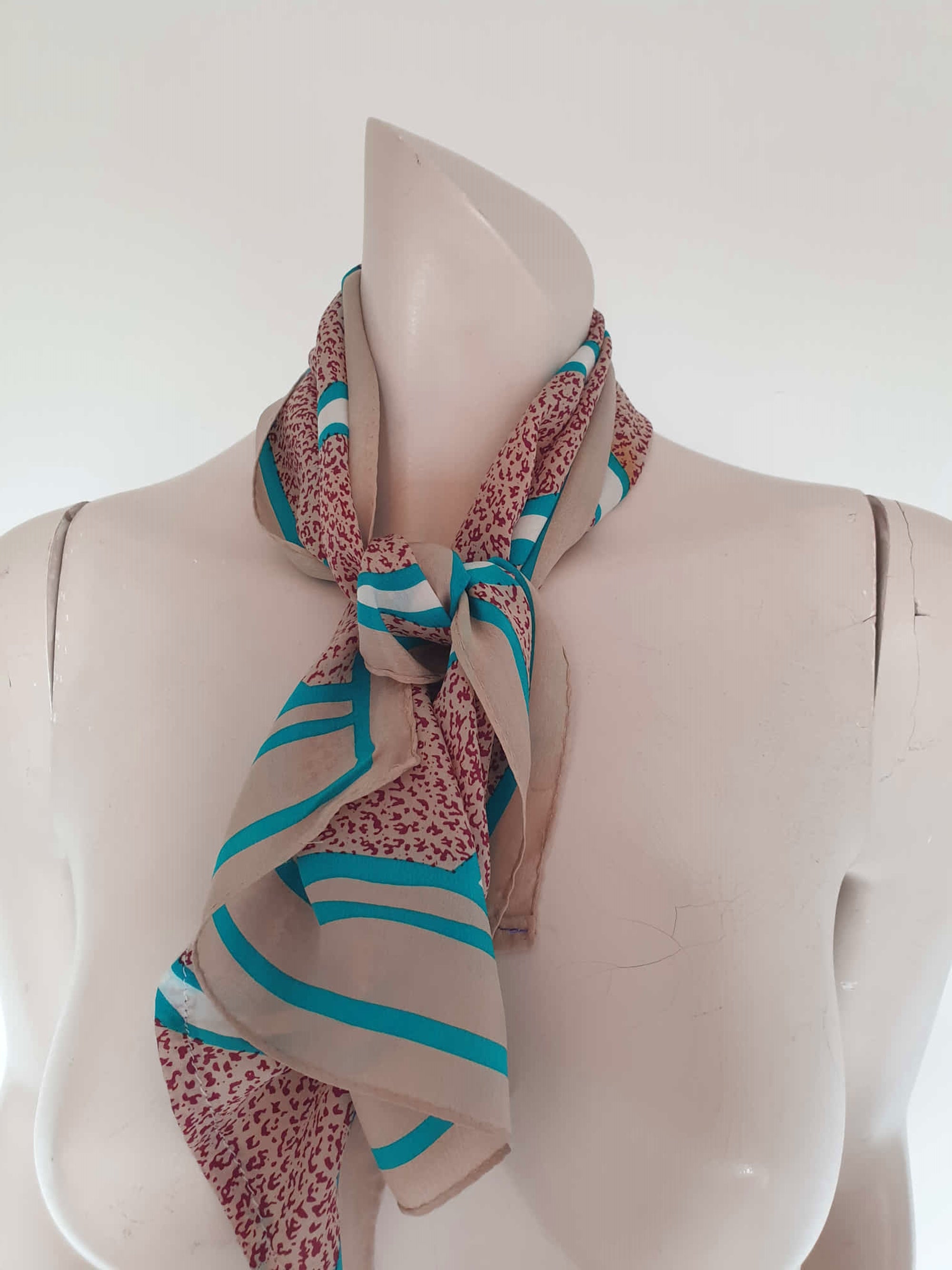 1980s vintage beige and teal silk scarf by elaine gold