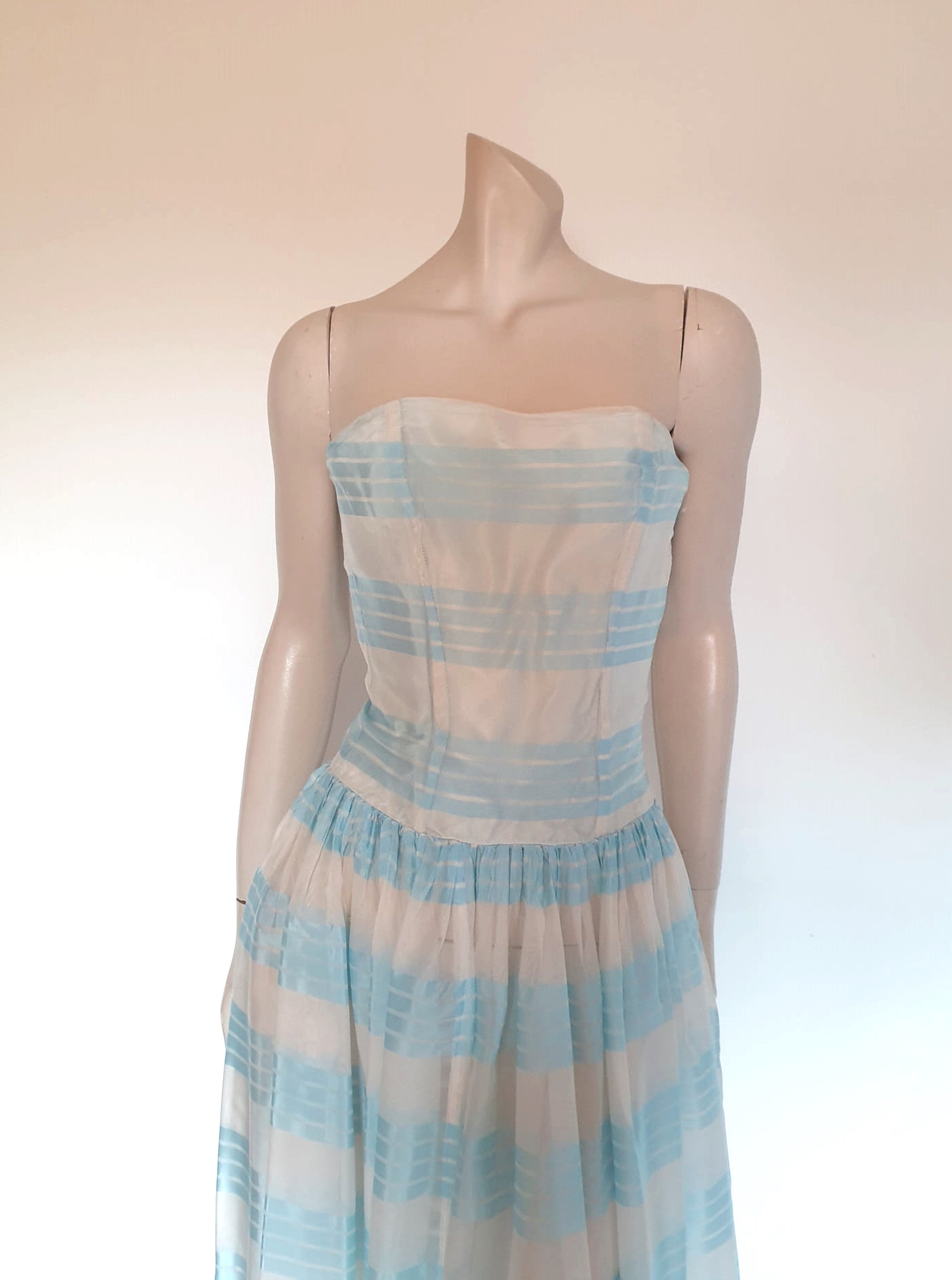 1950s vintage blue and white strapless dress small