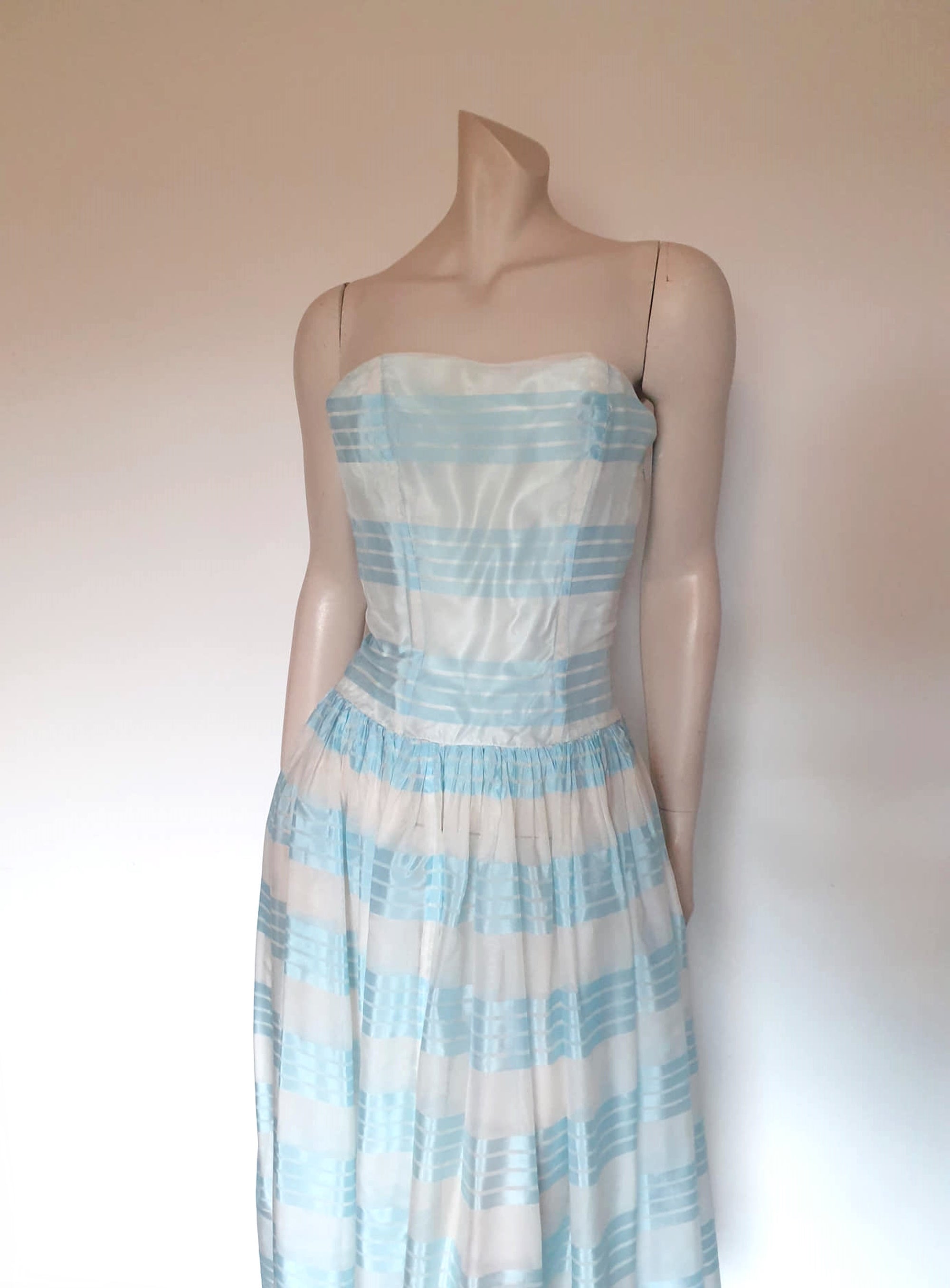 1950s vintage blue and white strapless dress small