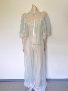 sheer vintage aqua peignoir with lacy puff sleeves by Tosca - XL