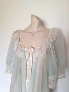 sheer vintage aqua peignoir with lacy puff sleeves by Tosca - XL