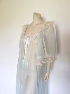 sheer vintage aqua peignoir with lacy puff sleeves by Tosca - XL