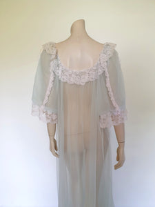 sheer vintage aqua peignoir with lacy puff sleeves by Tosca - XL