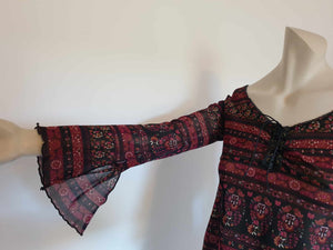 1990s vintage burgundy and black floral laced front top with flared and slashed sleeves