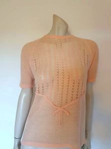 1960s vintage pink lacy knit top short sleeves medium