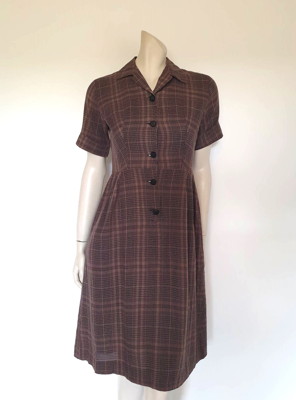 1950s vintage brown checked shirtwaist dress small