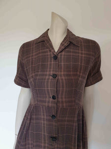 1950s vintage brown checked shirtwaist dress small